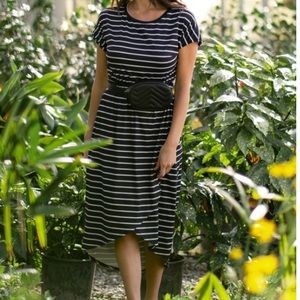 Black Striped Short Sleeve Wrap Skirt Midi Dress